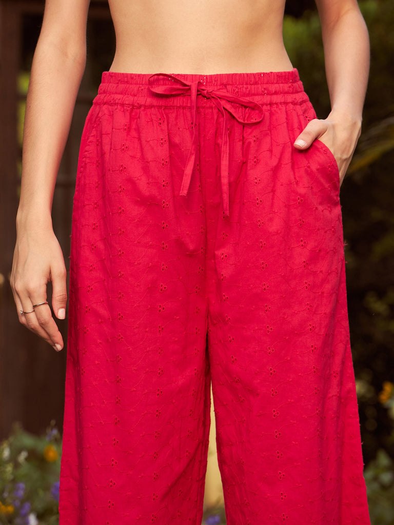 Women's Red Schiffli Crop Shirt With Wide Leg Pants