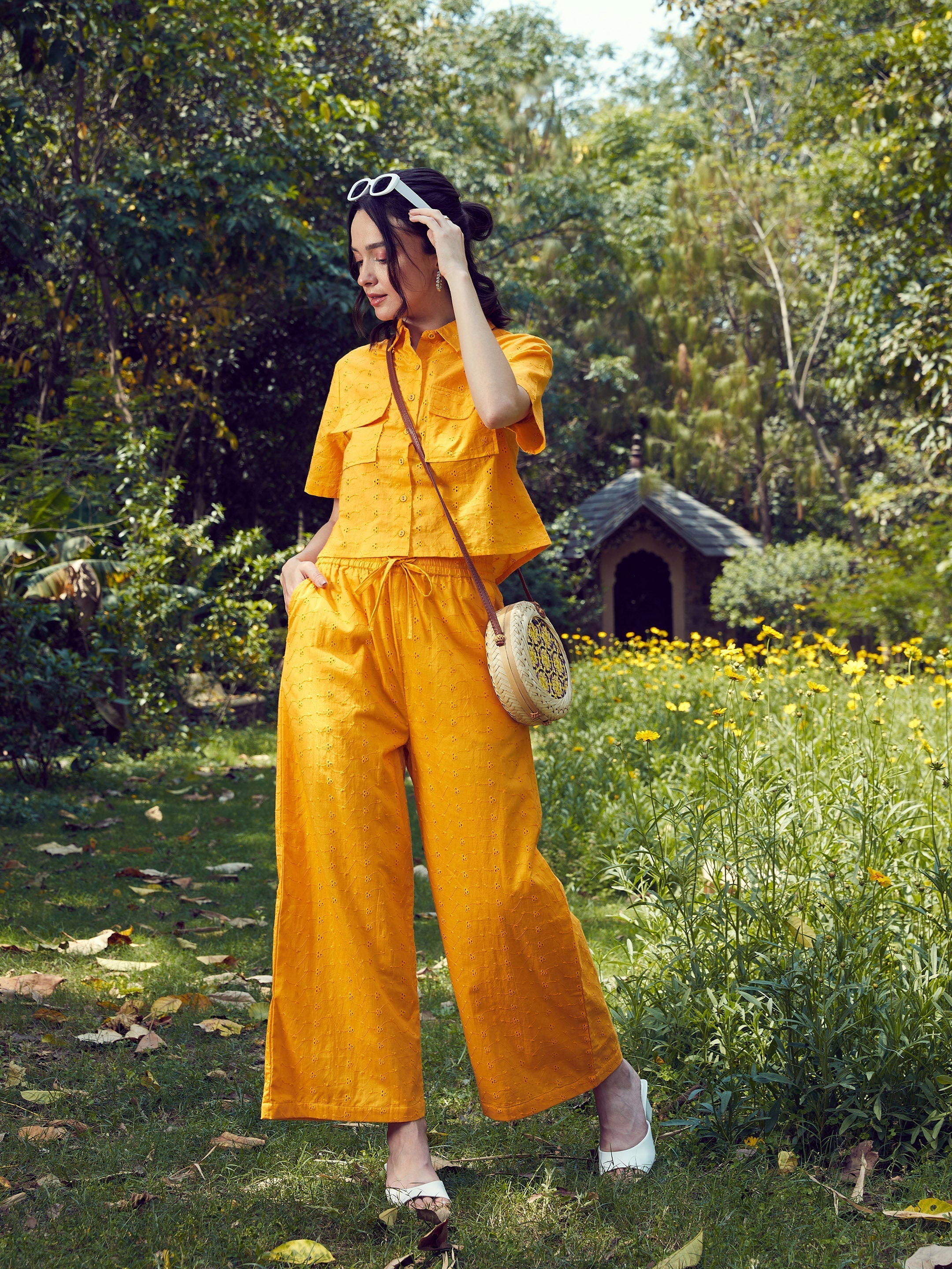 Women's Mustard Schiffli Crop Shirt With Wide Leg Pants - SASSAFRAS