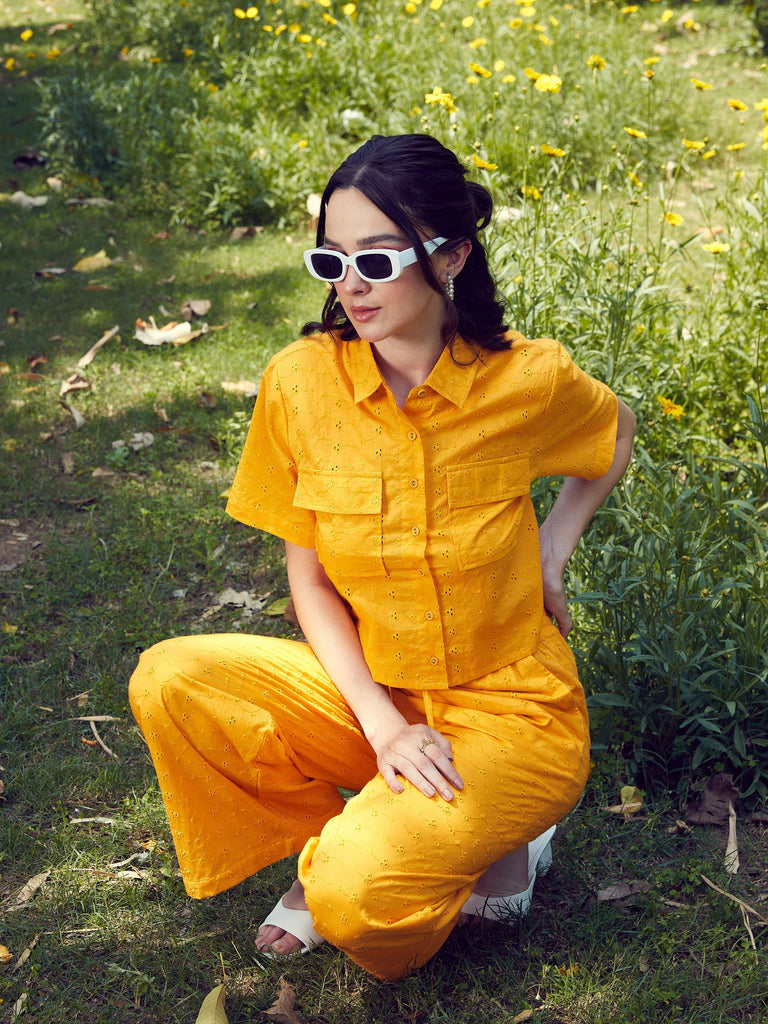Women's Mustard Schiffli Crop Shirt With Wide Leg Pants