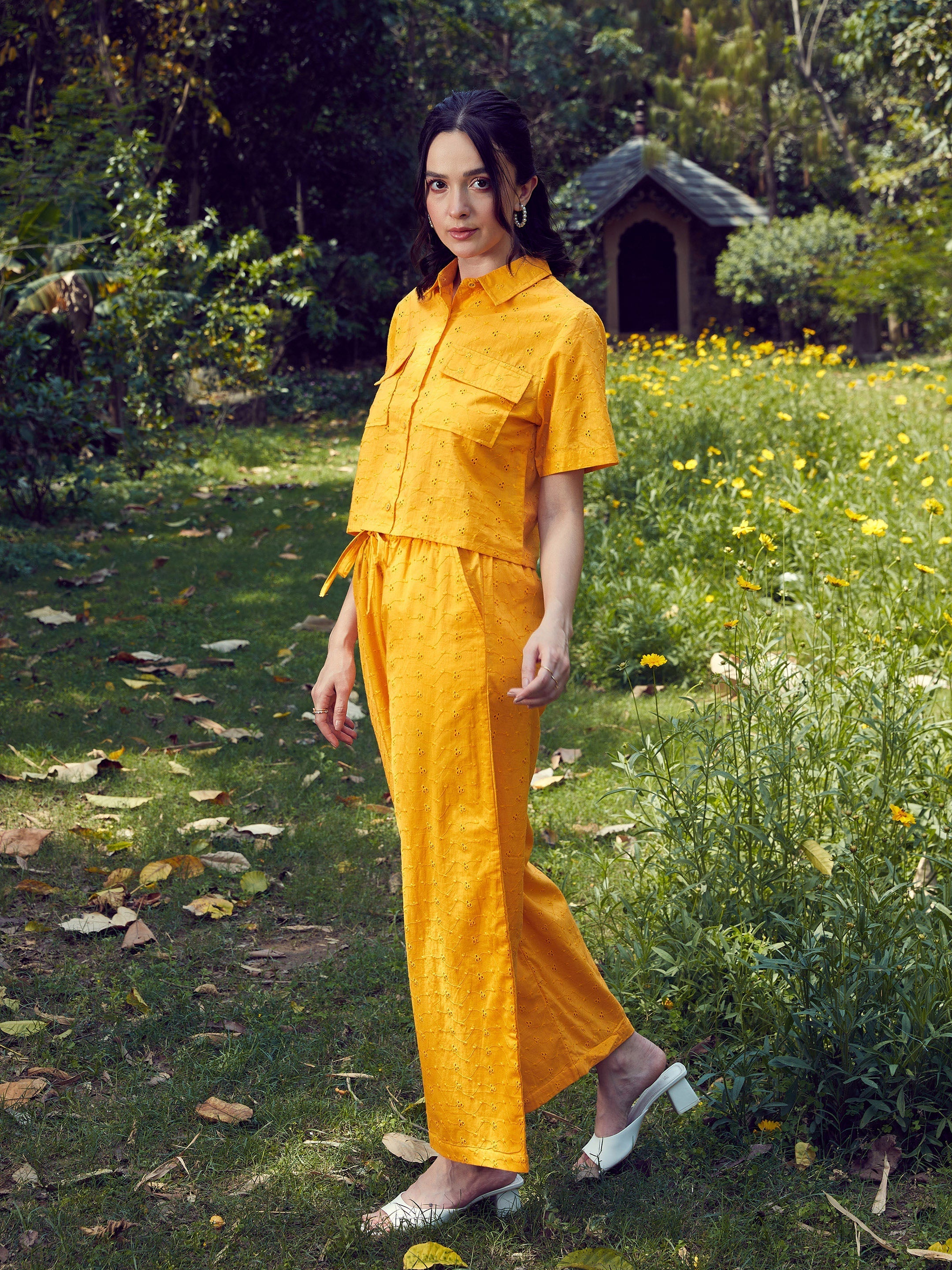 Women's Mustard Schiffli Crop Shirt With Wide Leg Pants - SASSAFRAS