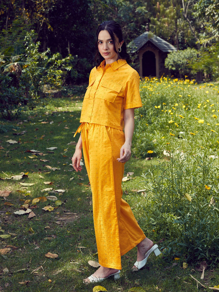 Women's Mustard Schiffli Crop Shirt With Wide Leg Pants