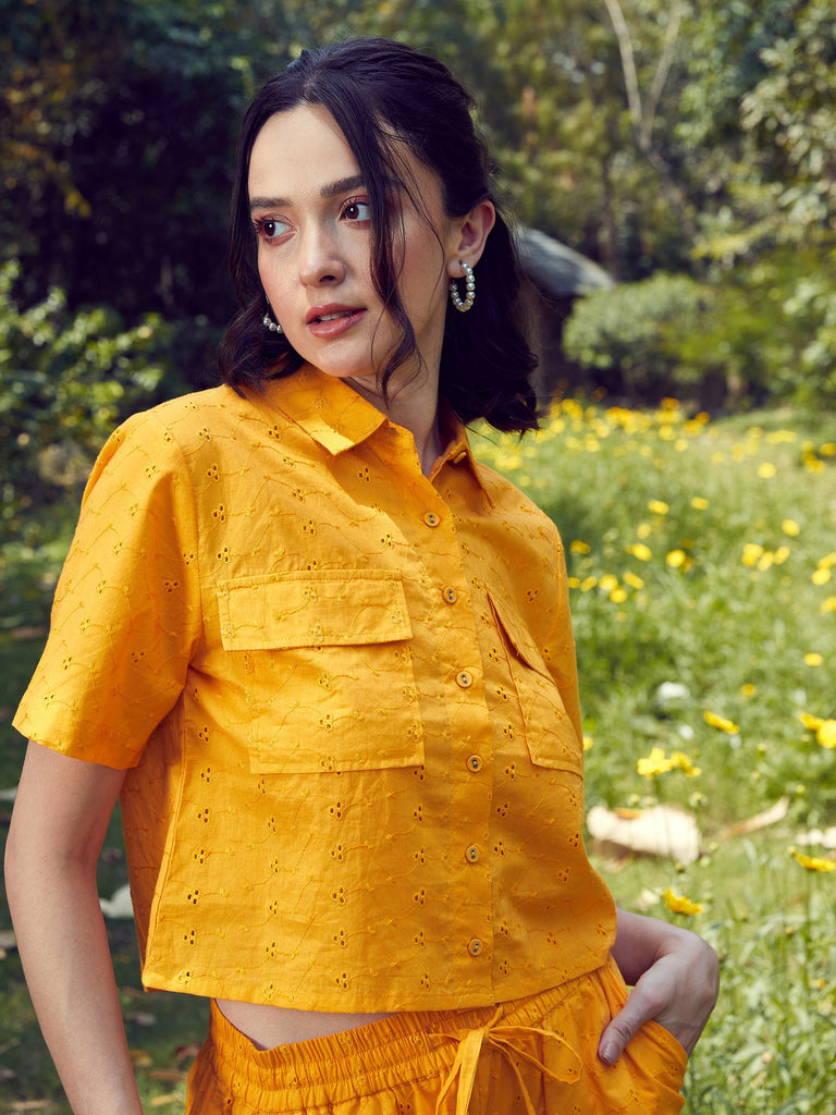 Women's Mustard Schiffli Crop Shirt With Wide Leg Pants
