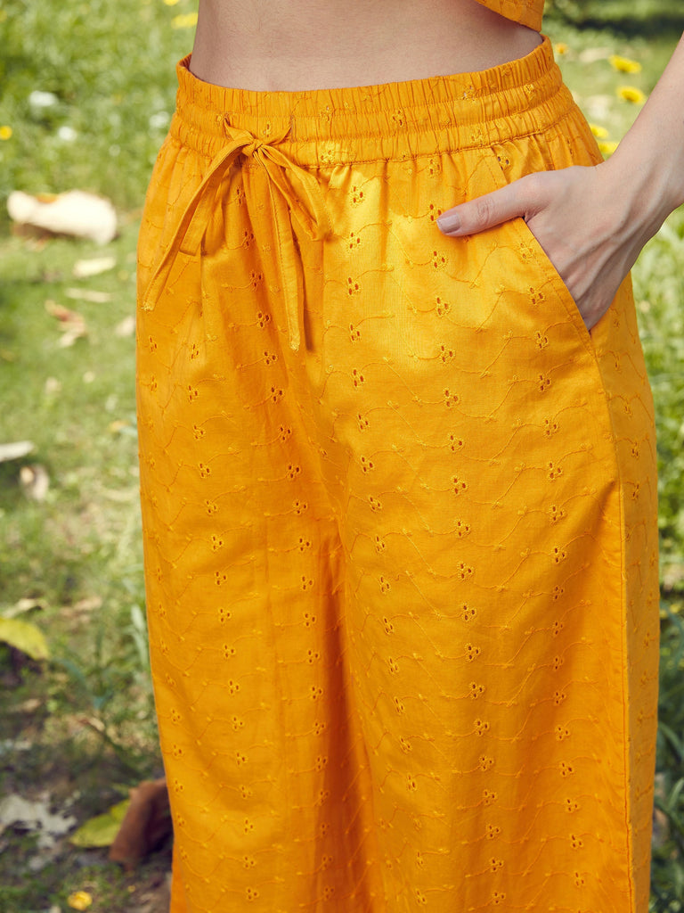 Women's Mustard Schiffli Crop Shirt With Wide Leg Pants