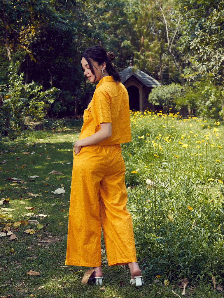 Women's Mustard Schiffli Crop Shirt With Wide Leg Pants