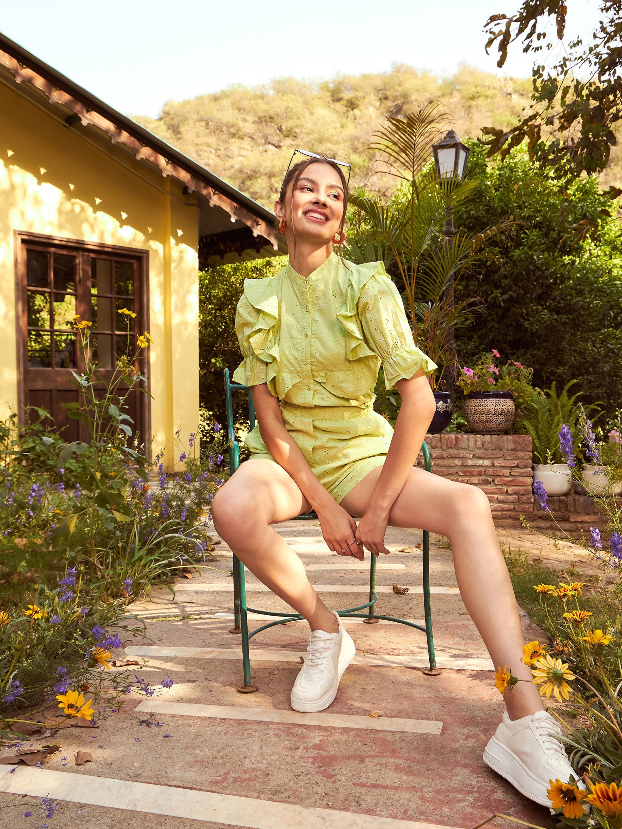 Women's Lime Green Schiffli Puff Sleeves Shirt With Paperwaist Shorts - SASSAFRAS