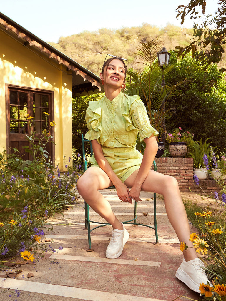 Women's Lime Green Schiffli Puff Sleeves Shirt With Paperwaist Shorts