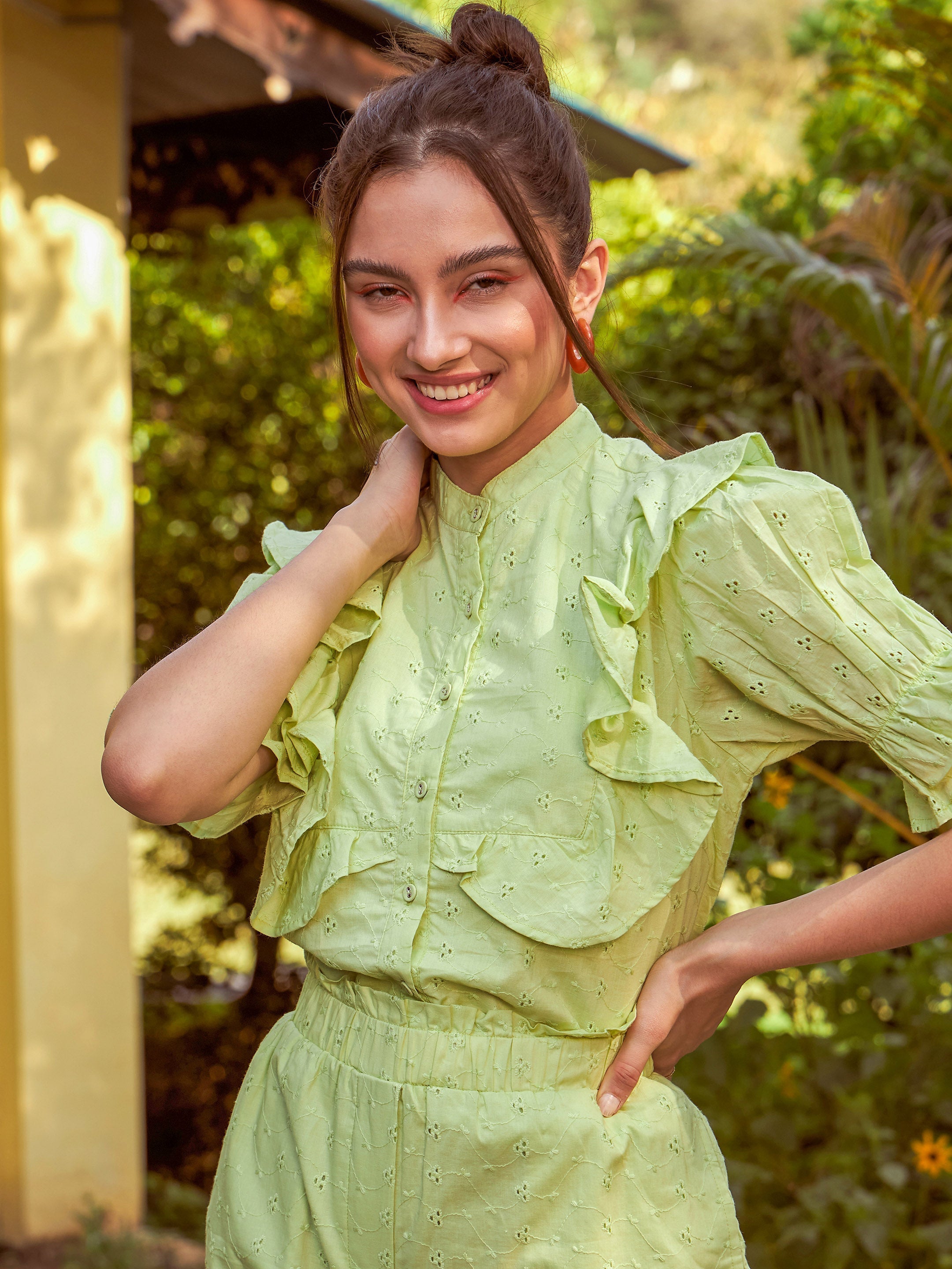 Women's Lime Green Schiffli Puff Sleeves Shirt With Paperwaist Shorts - SASSAFRAS