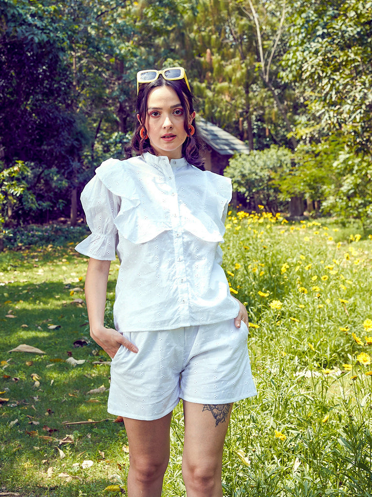 Women's White Schiffli Puff Sleeves Shirt With Paperwaist Shorts
