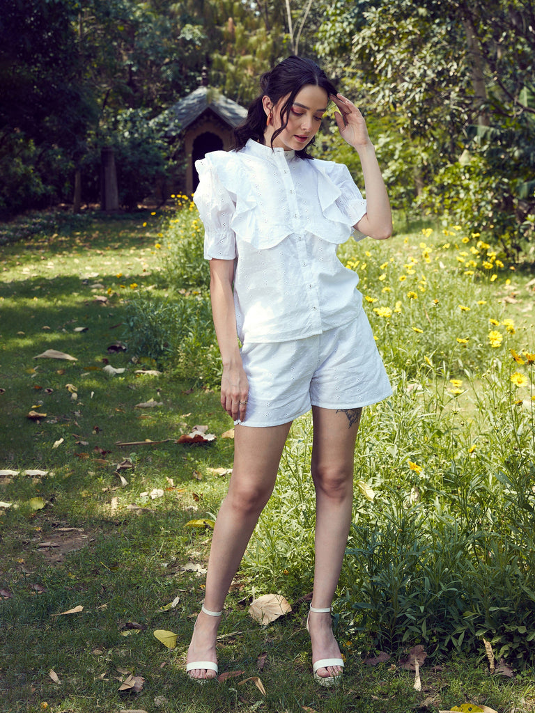 Women's White Schiffli Puff Sleeves Shirt With Paperwaist Shorts