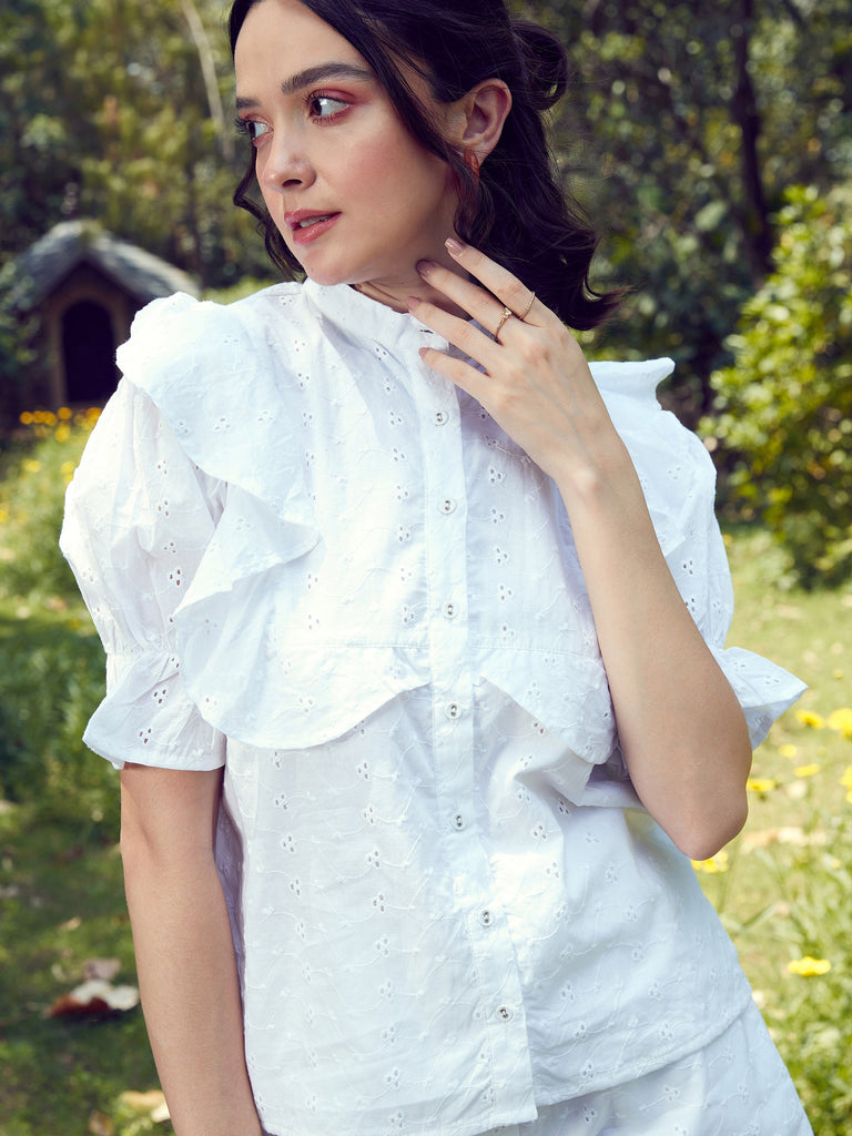 Women's White Schiffli Puff Sleeves Shirt With Paperwaist Shorts