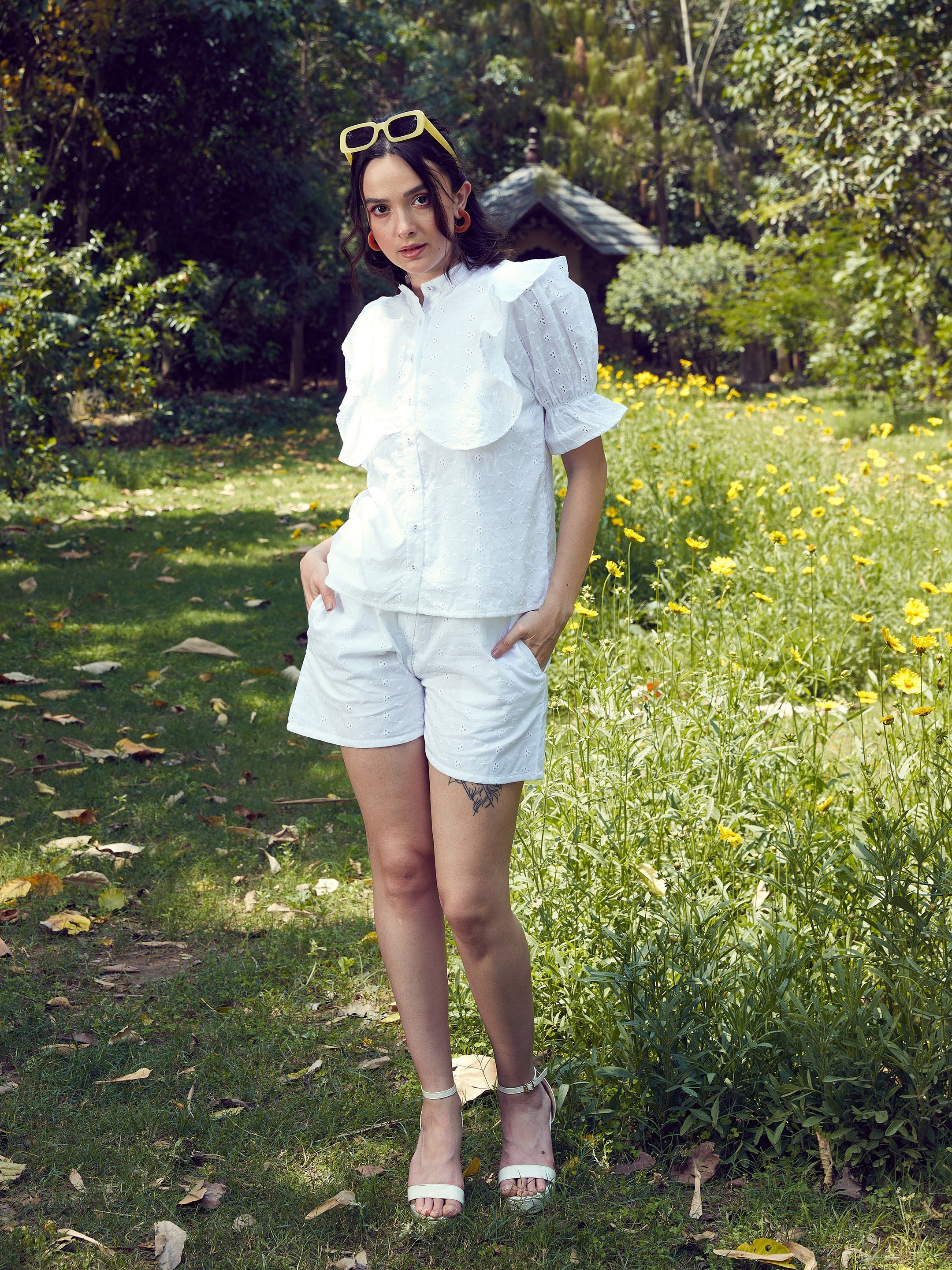 Women's White Schiffli Puff Sleeves Shirt With Paperwaist Shorts - SASSAFRAS