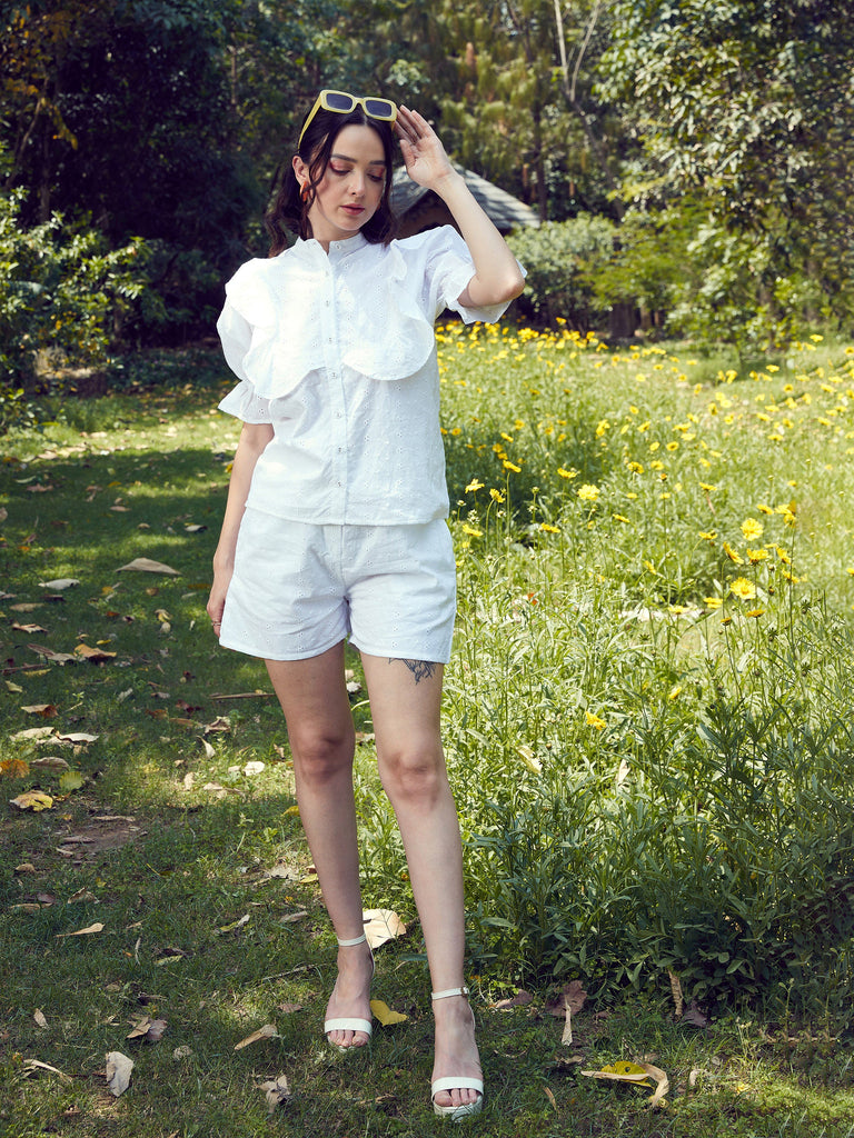 Women's White Schiffli Puff Sleeves Shirt With Paperwaist Shorts