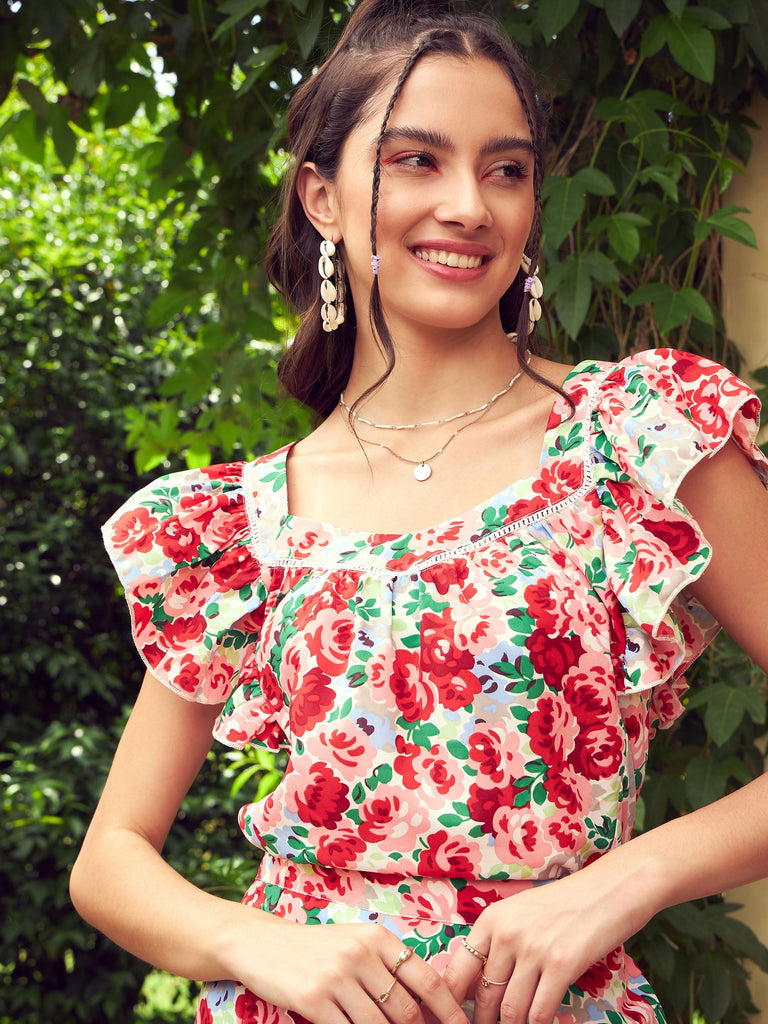 Women's Red Floral Sweetheart Neck Top With Mini Skirt