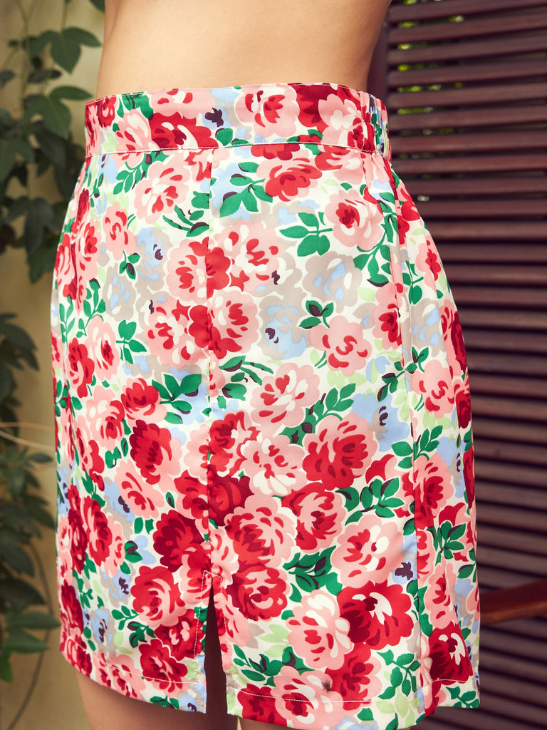 Women's Red Floral Sweetheart Neck Top With Mini Skirt