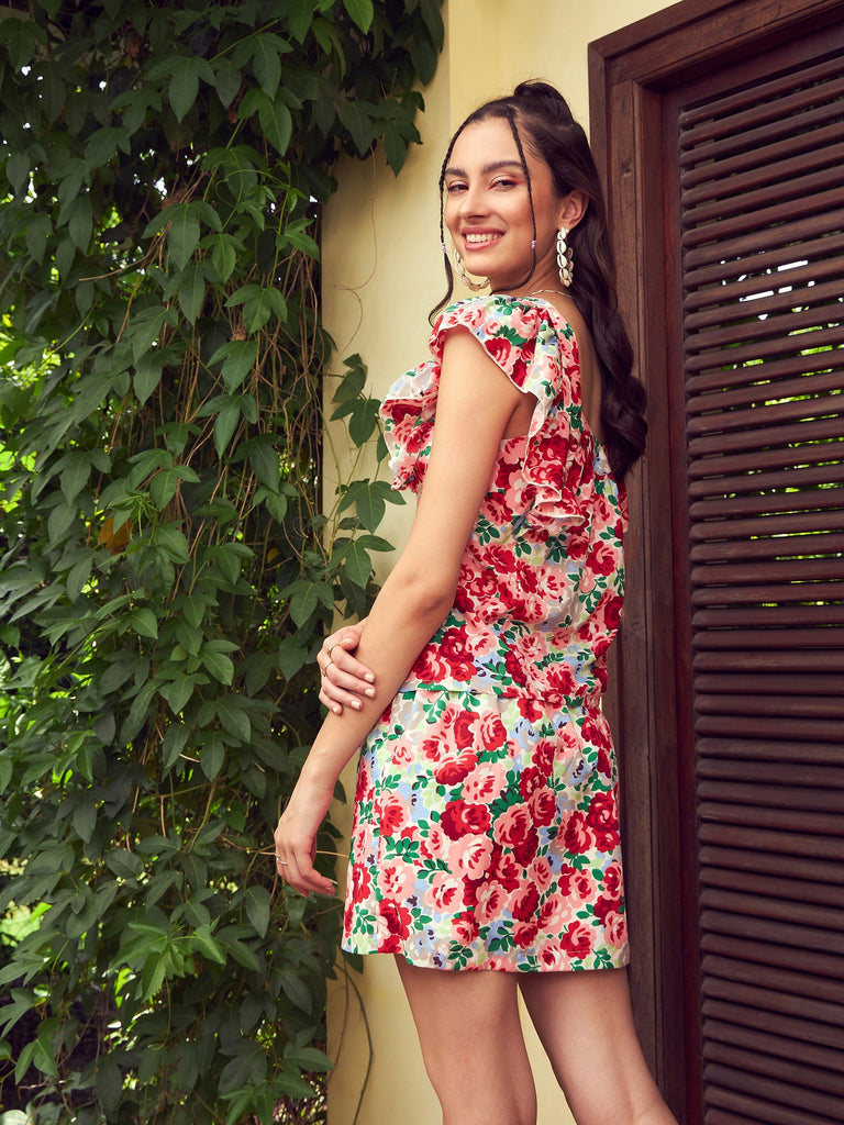 Women's Red Floral Sweetheart Neck Top With Mini Skirt