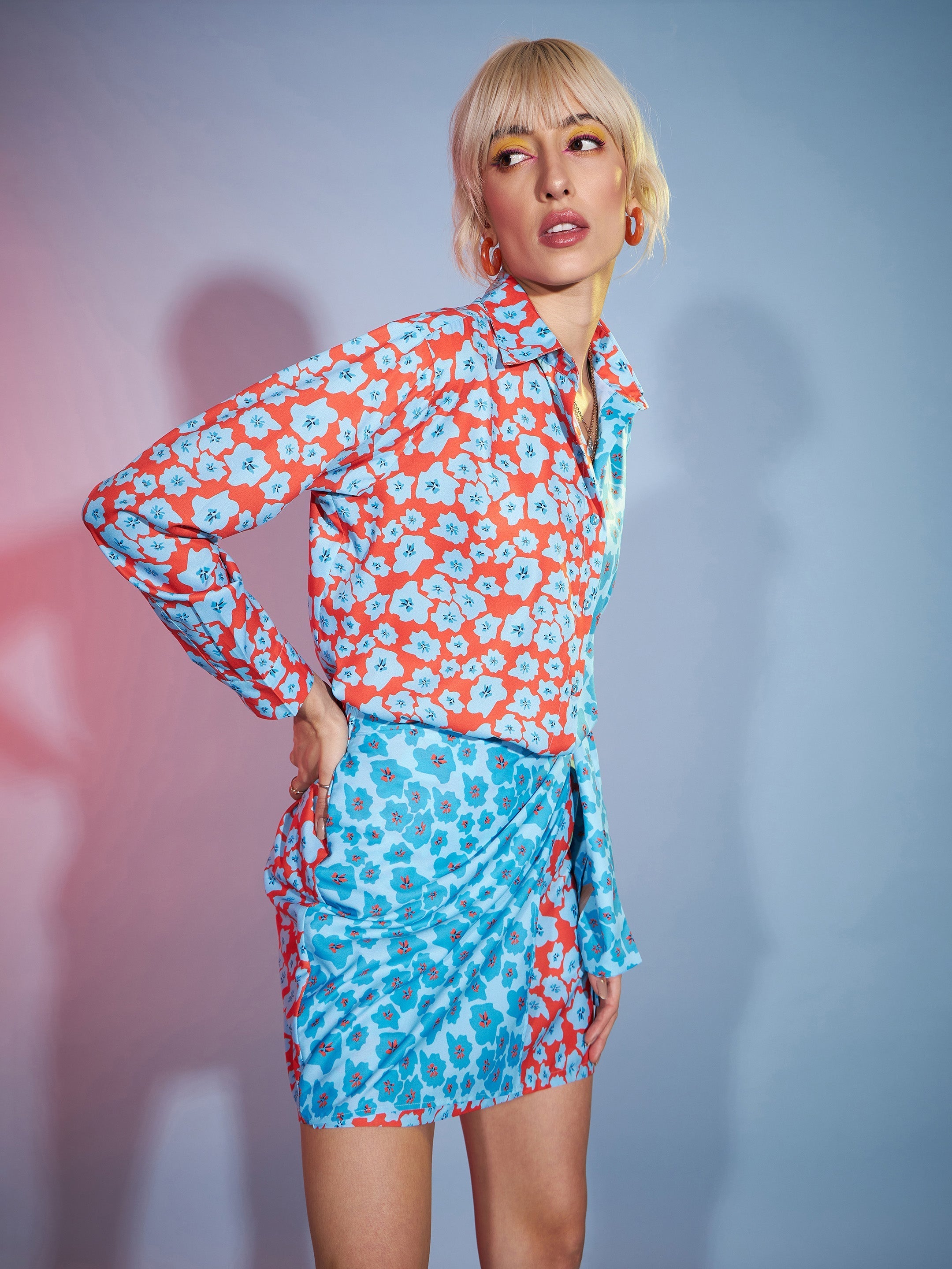 Women's Turquoise & Orange Floral Shirt With Wrap Skirt - SASSAFRAS