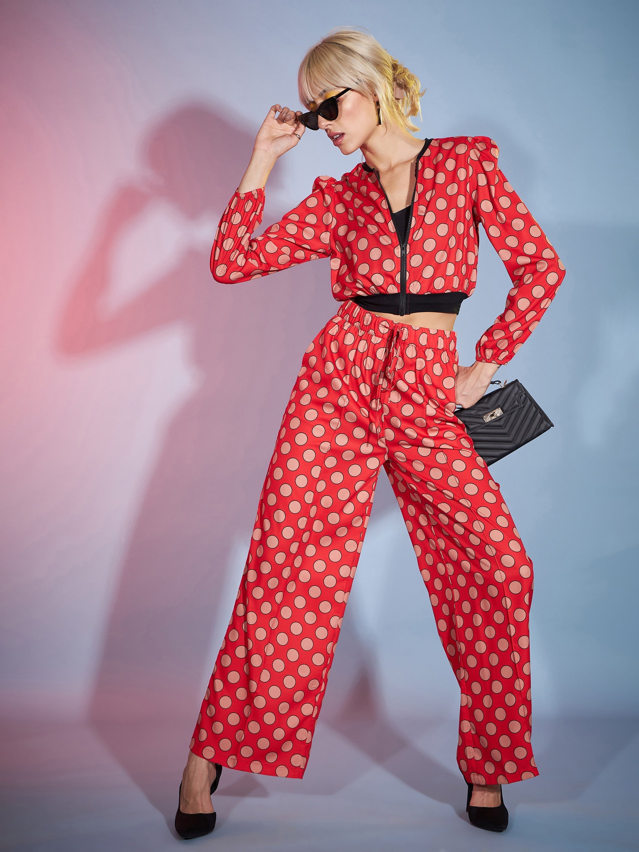 Women's Red Polka Jacket With Darted Pants - SASSAFRAS