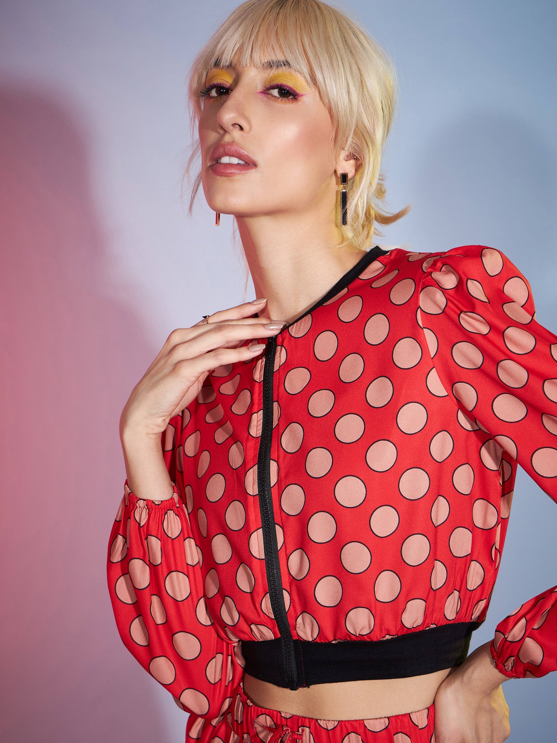 Women's Red Polka Jacket With Darted Pants - SASSAFRAS