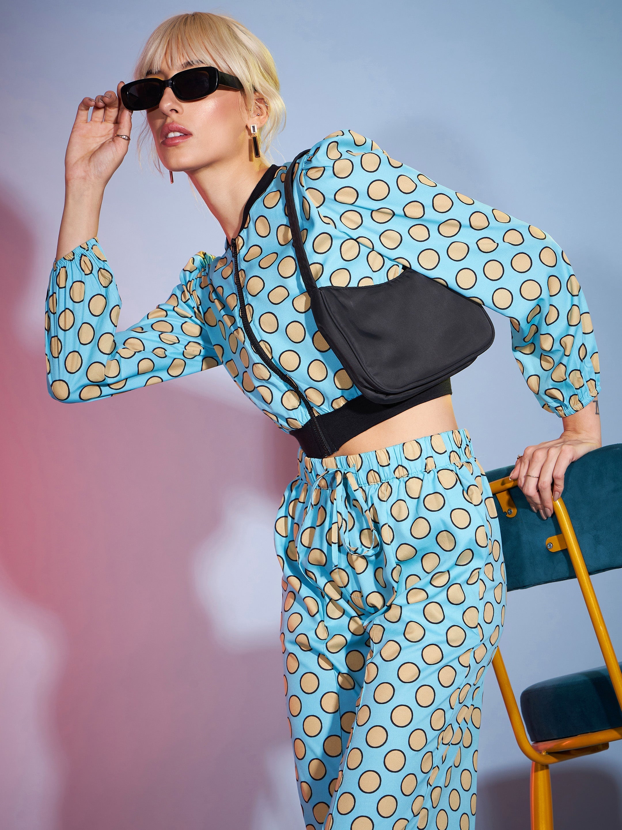 Women's Turquoise Polka Jacket With Darted Pants - SASSAFRAS