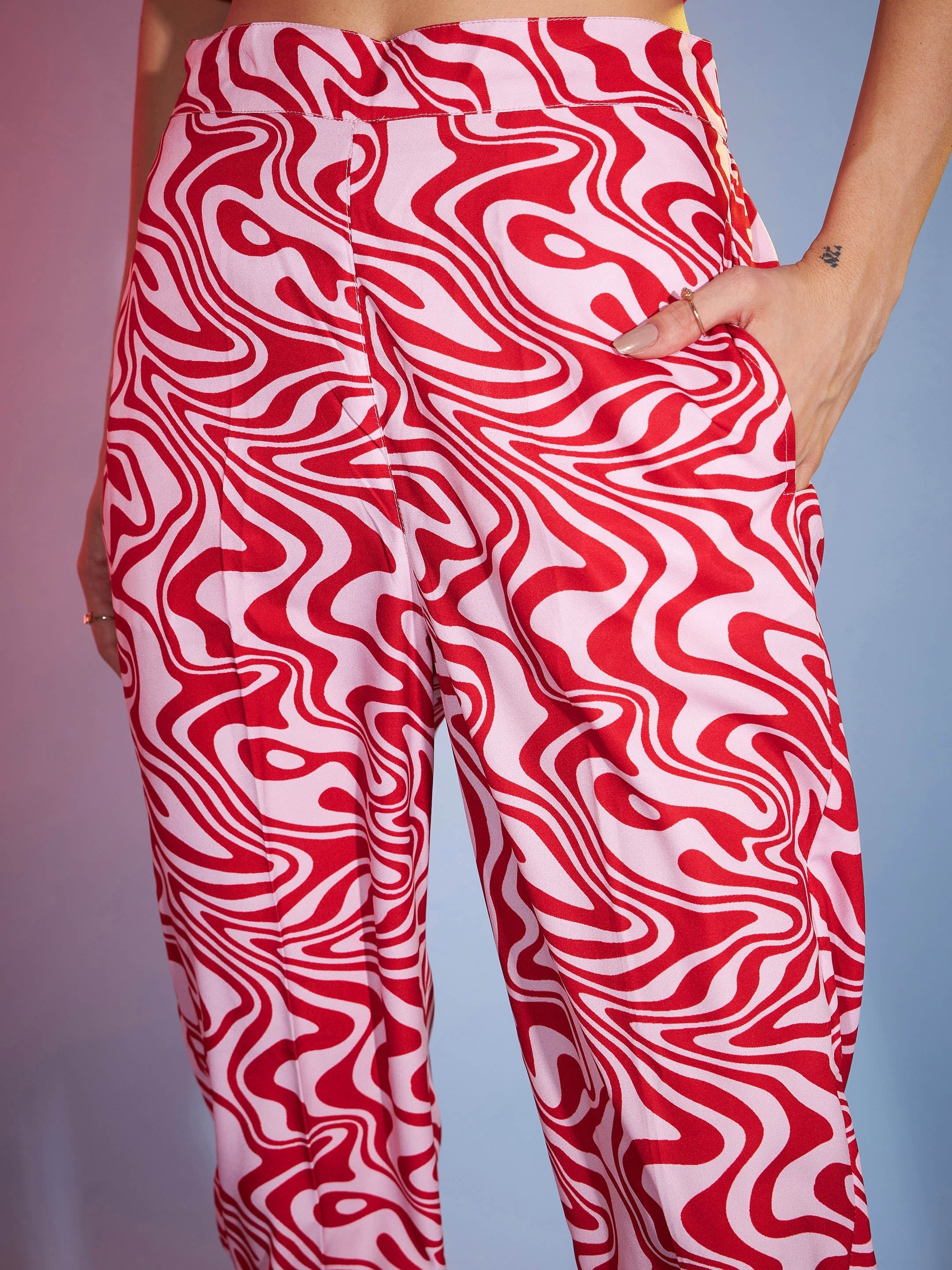 Women's Red Abstract Peplum Top With Tapered Pants - SASSAFRAS