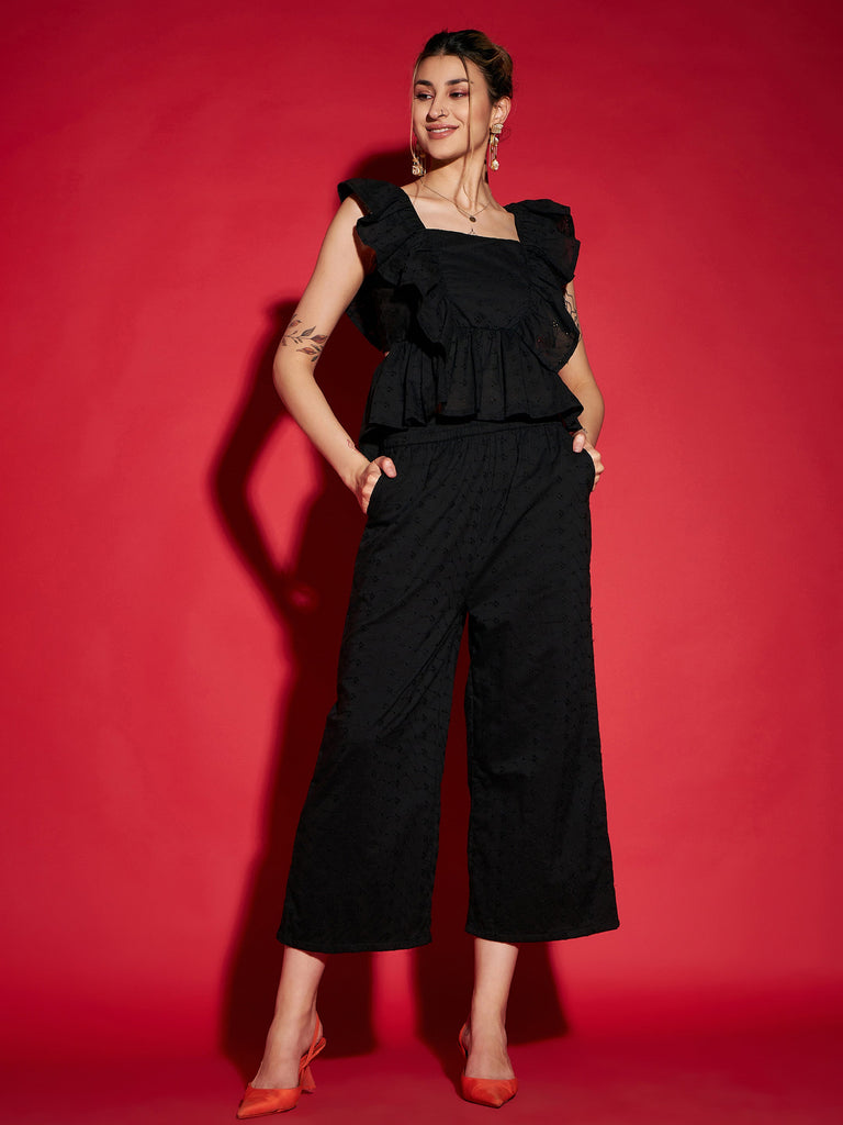 Women's Black Schiffli Peplum Top With Palazzos