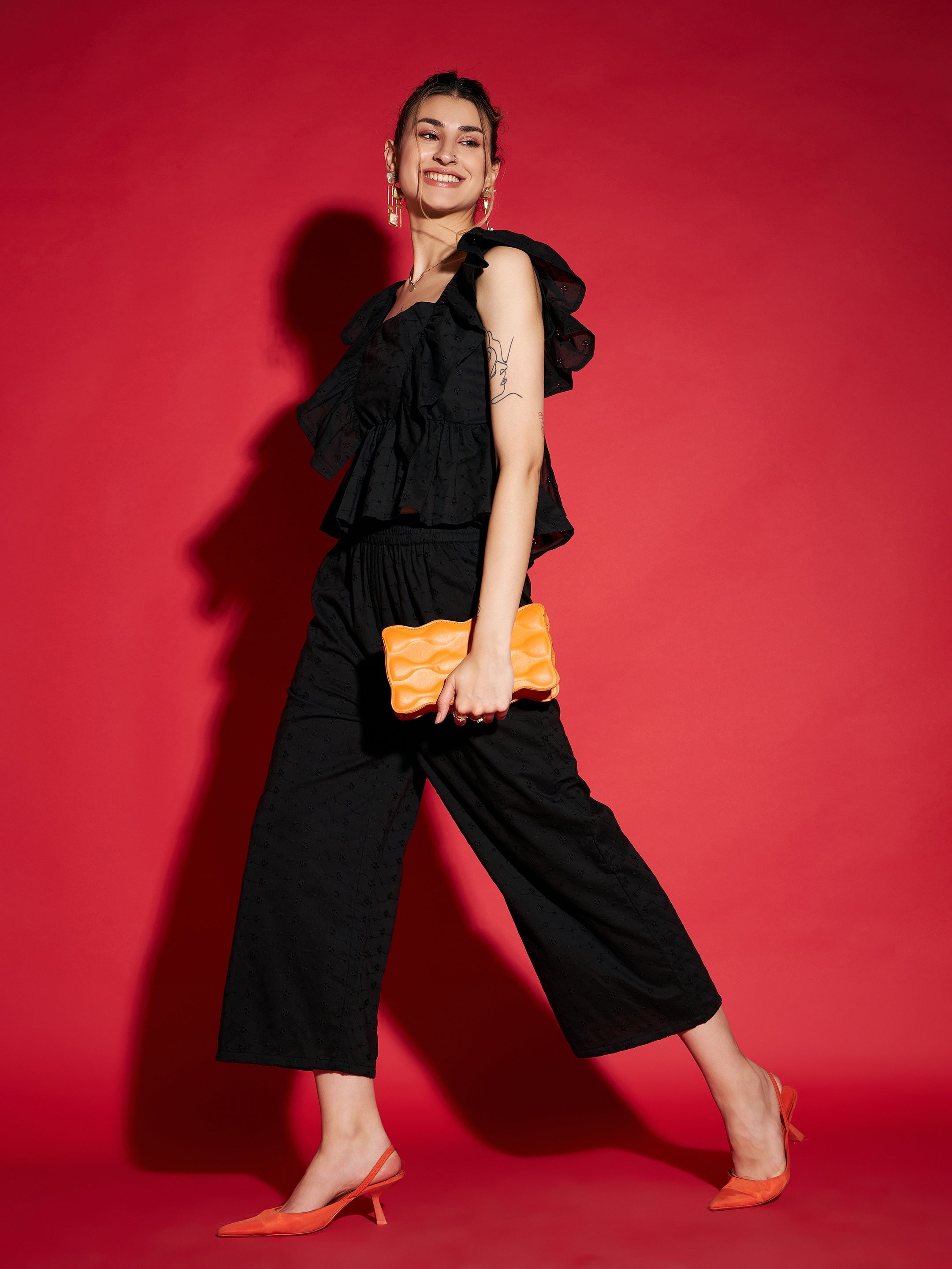 Women's Black Schiffli Peplum Top With Palazzos
