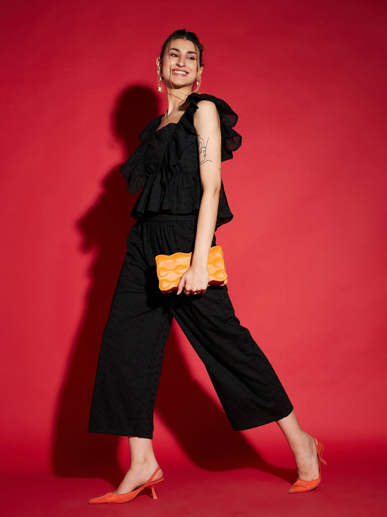 Women's Black Schiffli Peplum Top With Palazzos