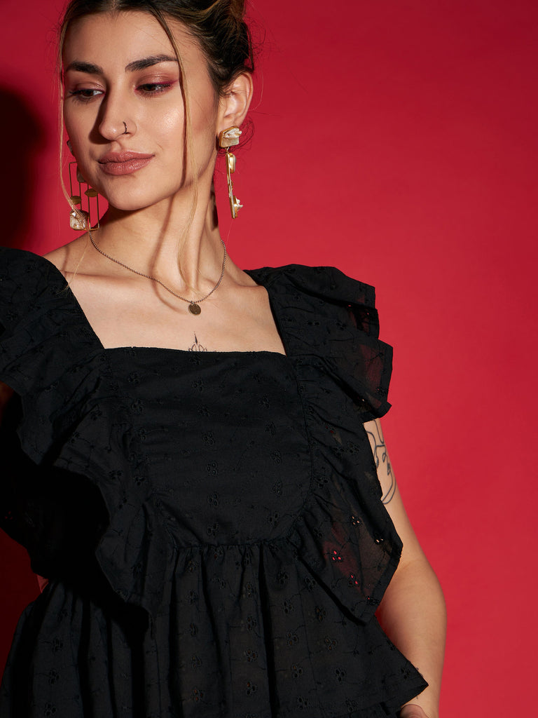 Women's Black Schiffli Peplum Top With Palazzos