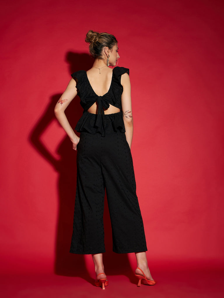 Women's Black Schiffli Peplum Top With Palazzos