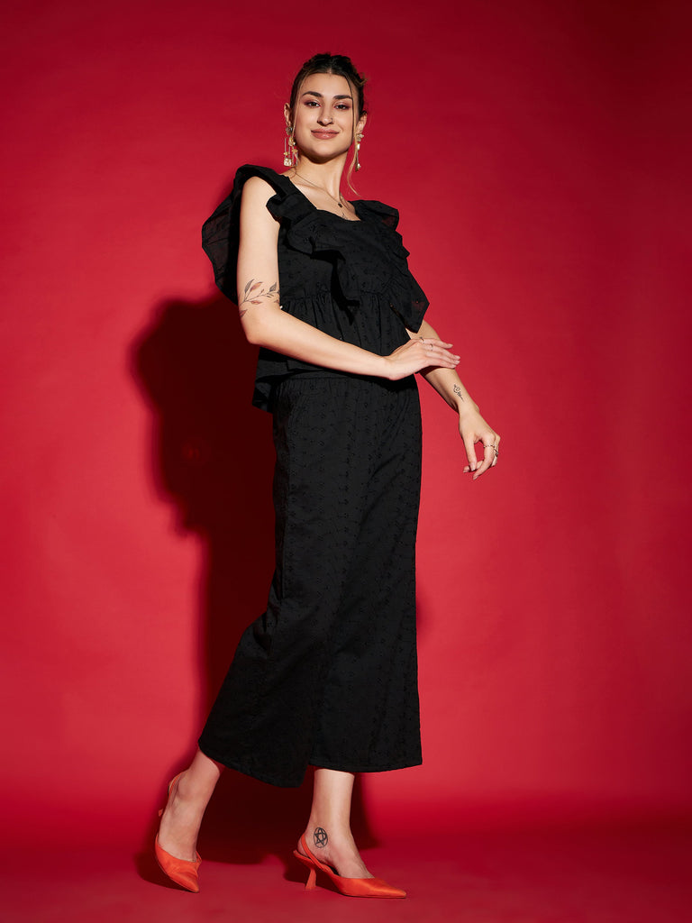 Women's Black Schiffli Peplum Top With Palazzos