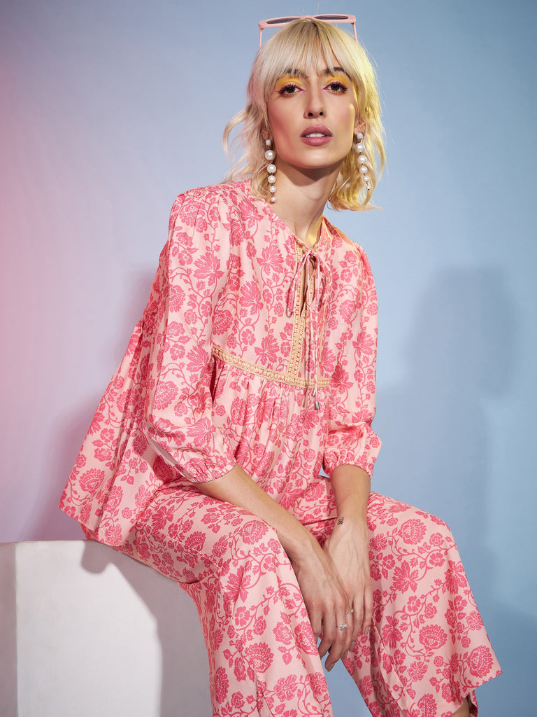 Women's Peach Floral Lace Peplum Top With Straight Pants