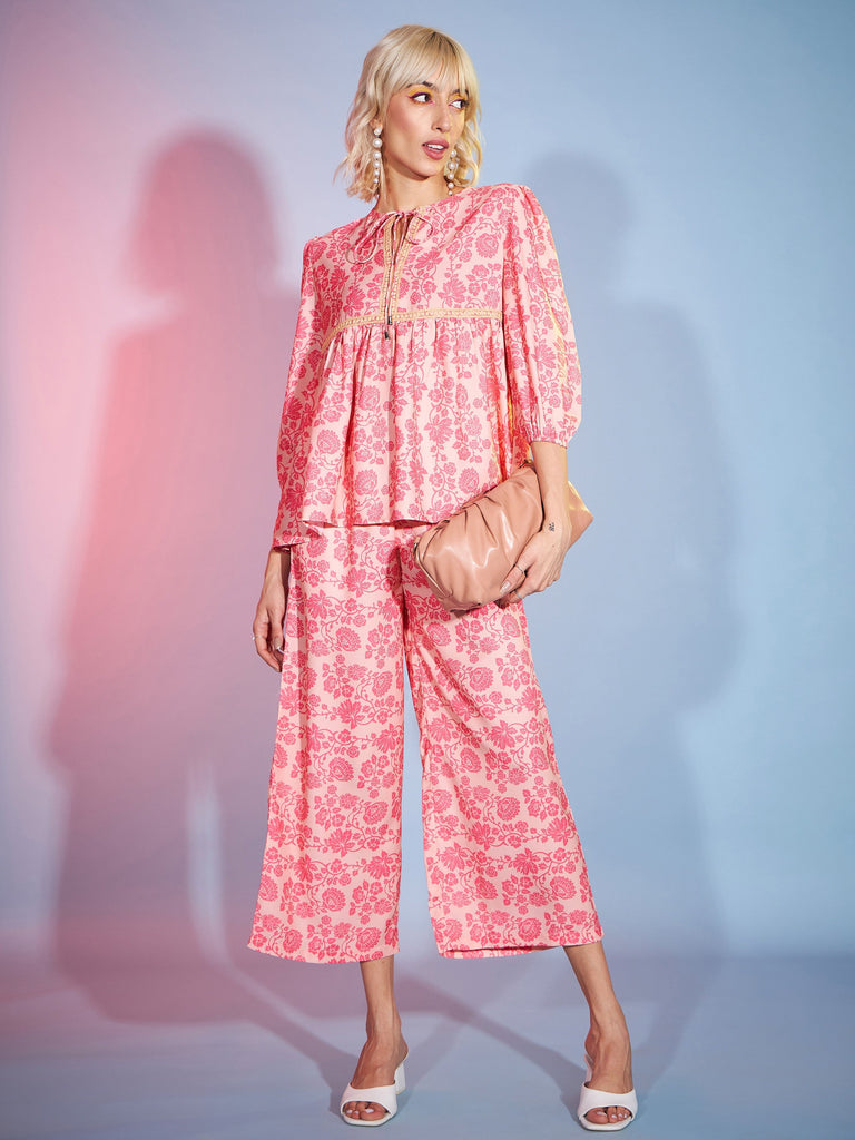Women's Peach Floral Lace Peplum Top With Straight Pants