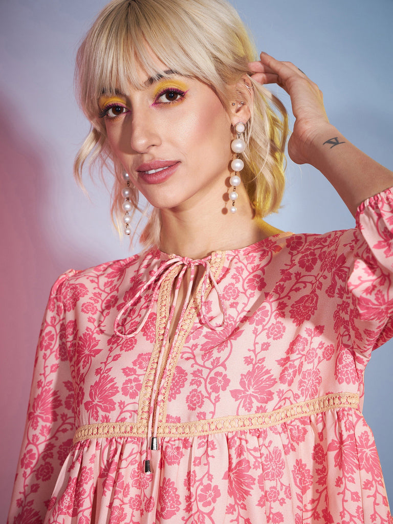 Women's Peach Floral Lace Peplum Top With Straight Pants