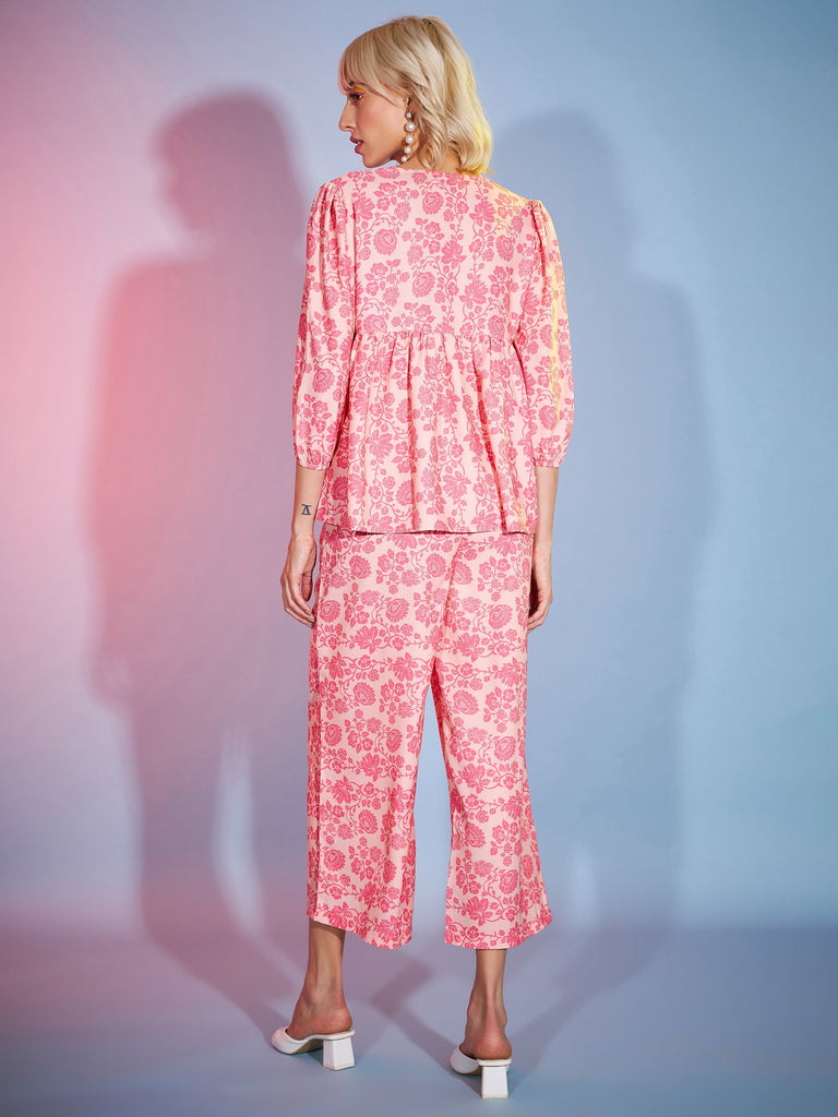 Women's Peach Floral Lace Peplum Top With Straight Pants
