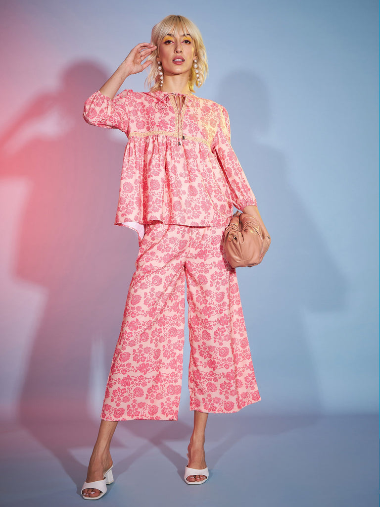 Women's Peach Floral Lace Peplum Top With Straight Pants