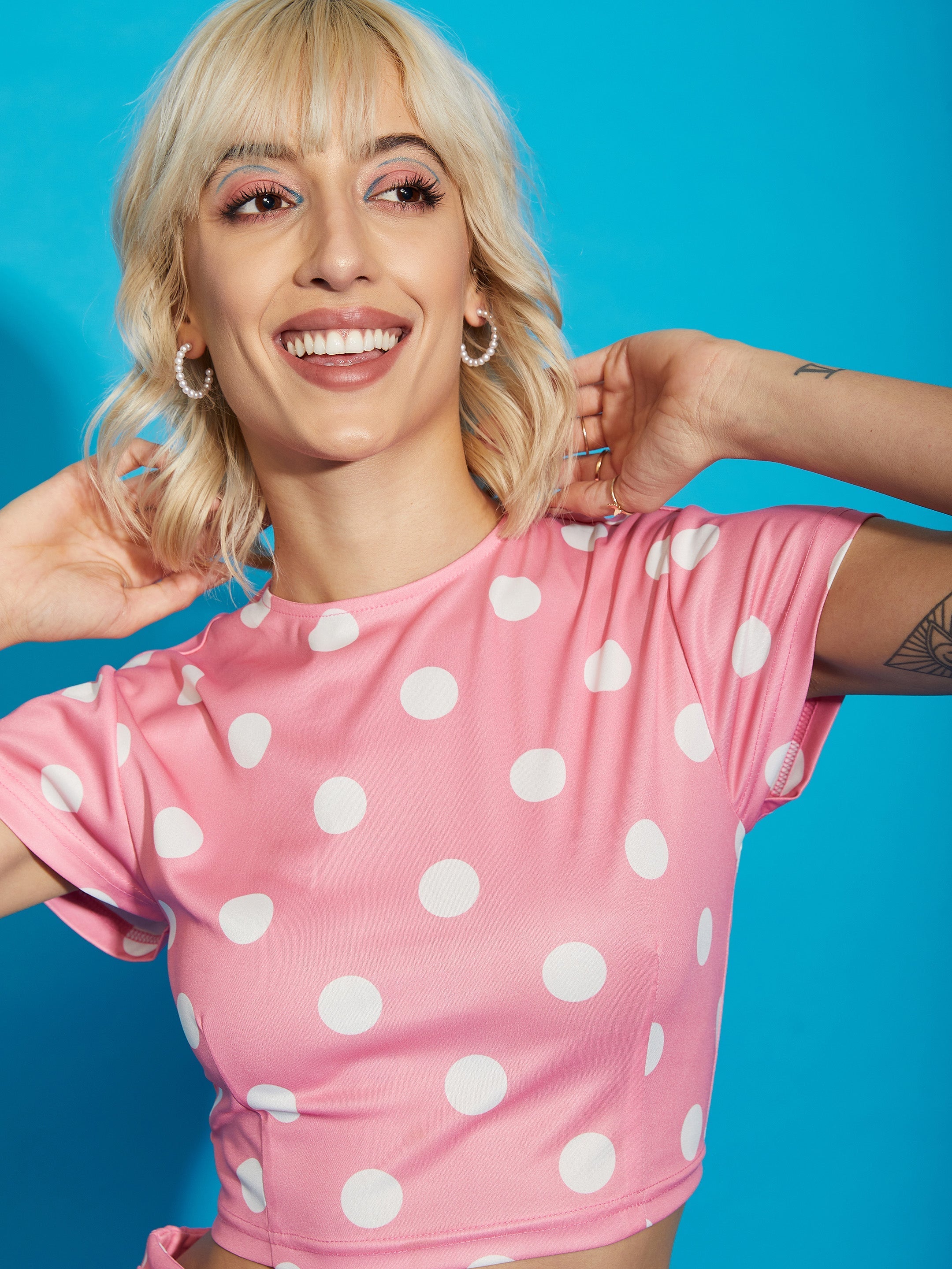Women's Pink Polka Dot Crop Top With Twisted Midi Skirt - SASSAFRAS