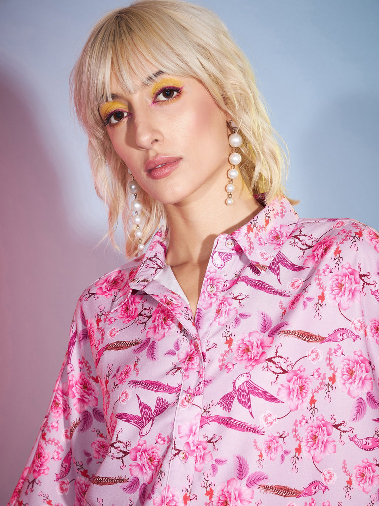 Women's Pink Floral Boxy Shirt With Paperback Shorts