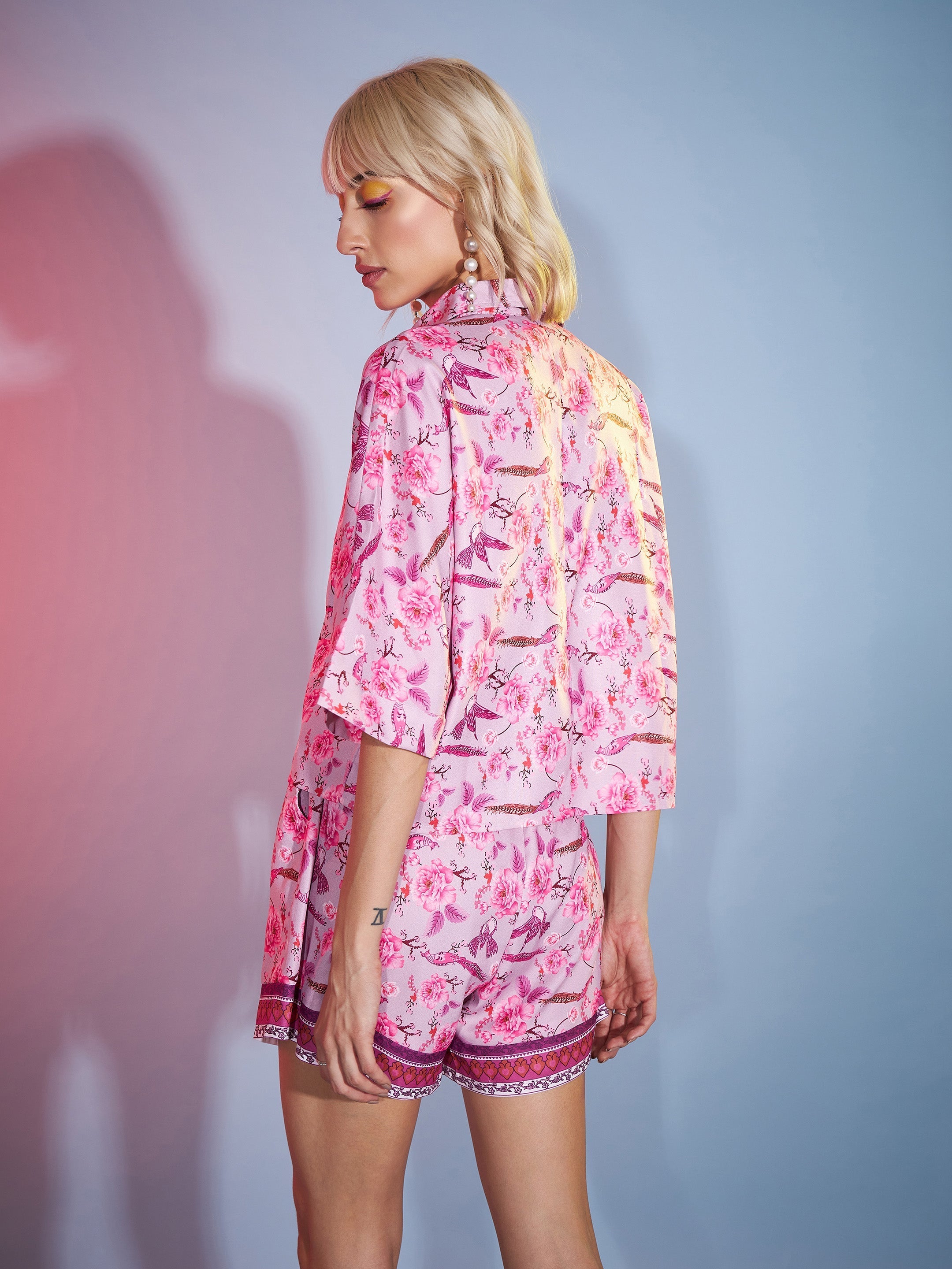 Women's Pink Floral Boxy Shirt With Paperback Shorts - SASSAFRAS