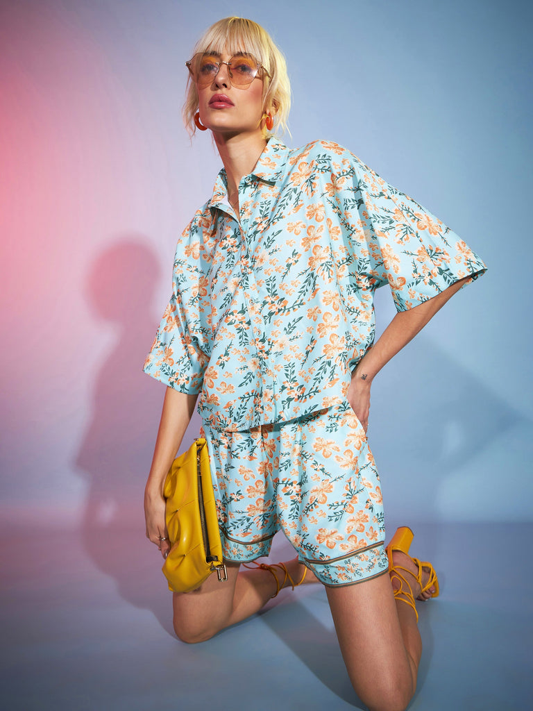 Women's Green Floral Boxy Shirt With Paperback Shorts