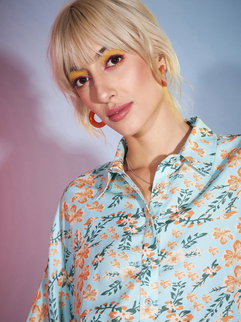 Women's Green Floral Boxy Shirt With Paperback Shorts