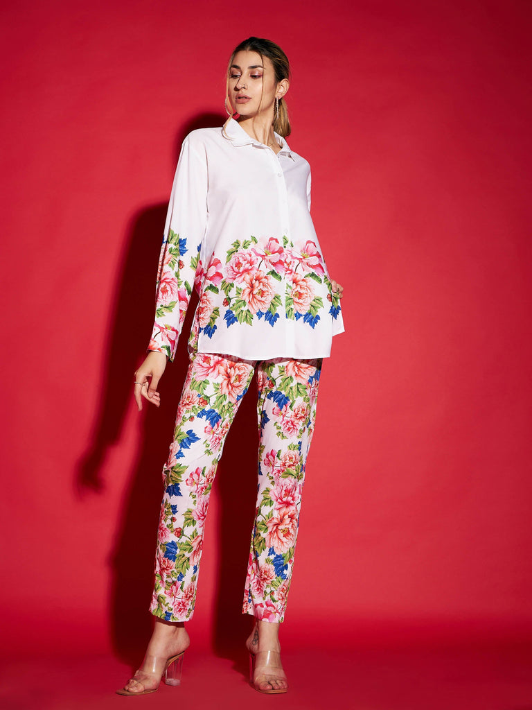 Women's White Floral Oversized Shirt With Tapered Pants
