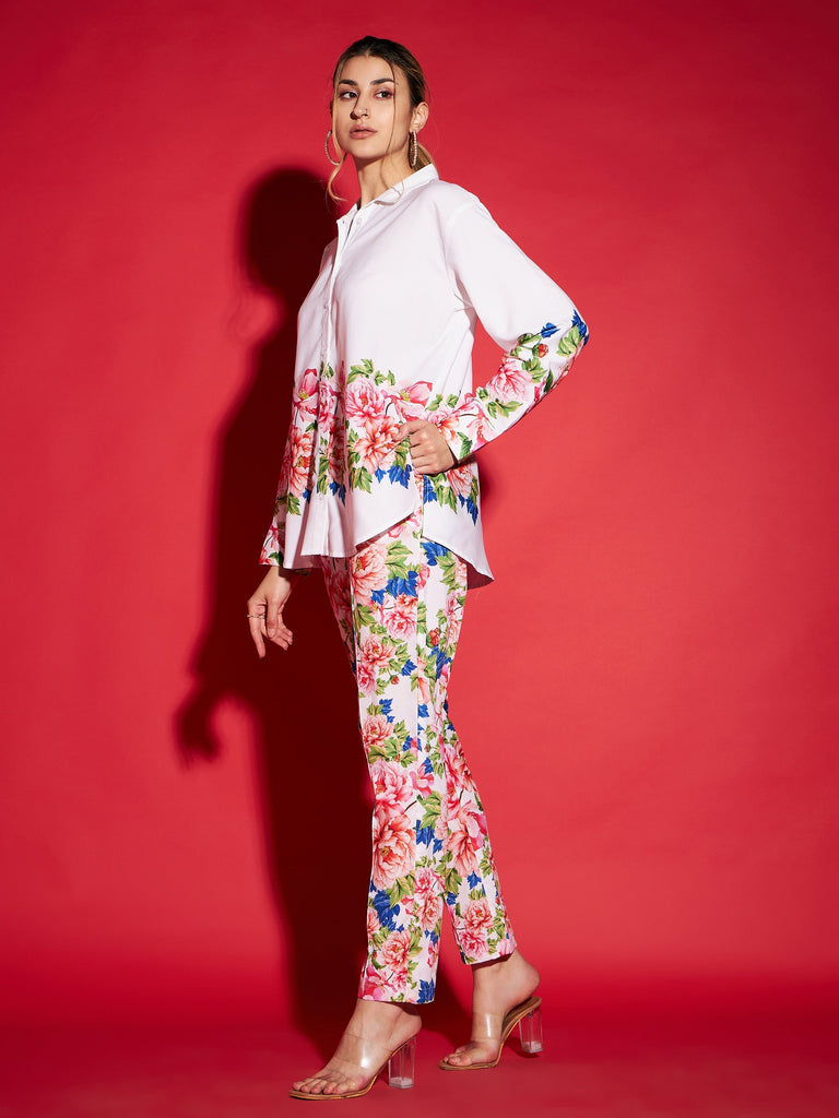 Women's White Floral Oversized Shirt With Tapered Pants