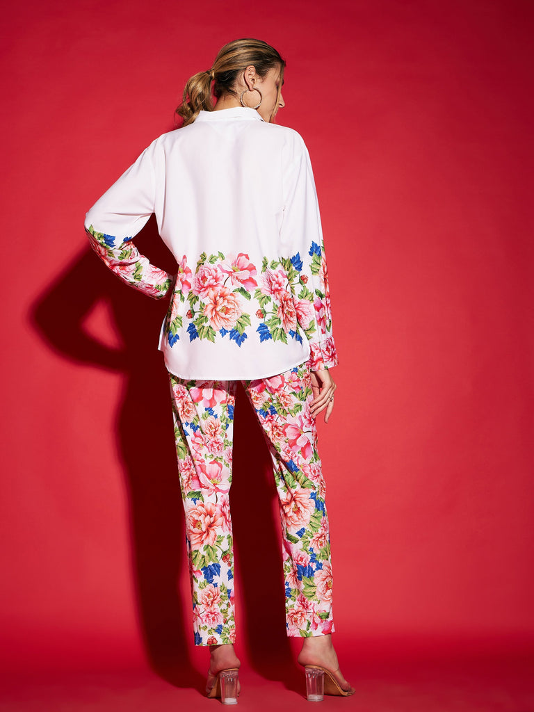 Women's White Floral Oversized Shirt With Tapered Pants