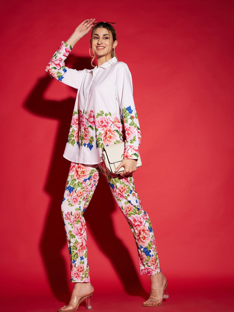 Women's White Floral Oversized Shirt With Tapered Pants