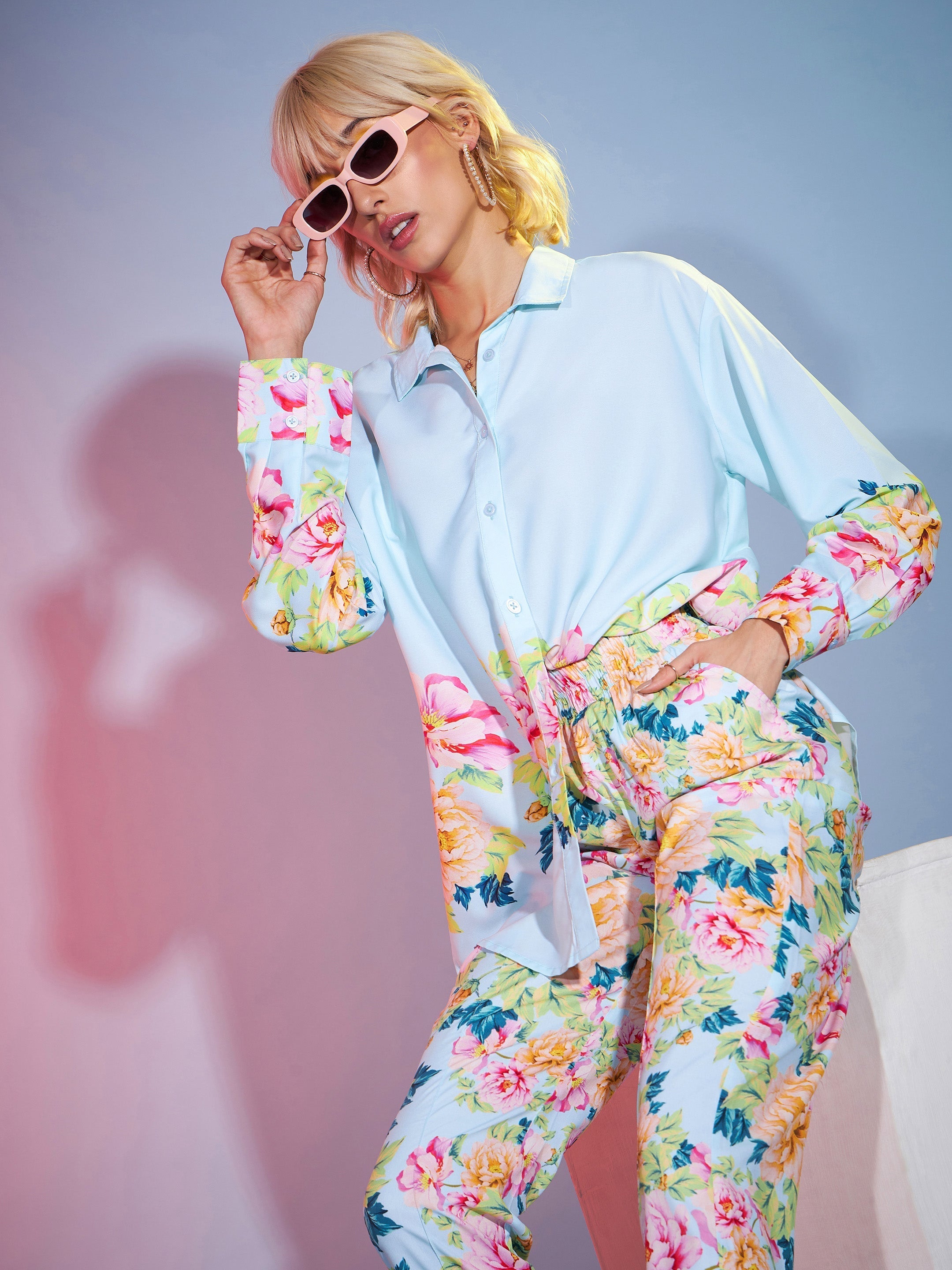 Women's Turquoise Floral Oversized Shirt With Tapered Pants - SASSAFRAS