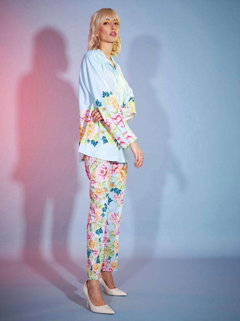 Women's Turquoise Floral Oversized Shirt With Tapered Pants