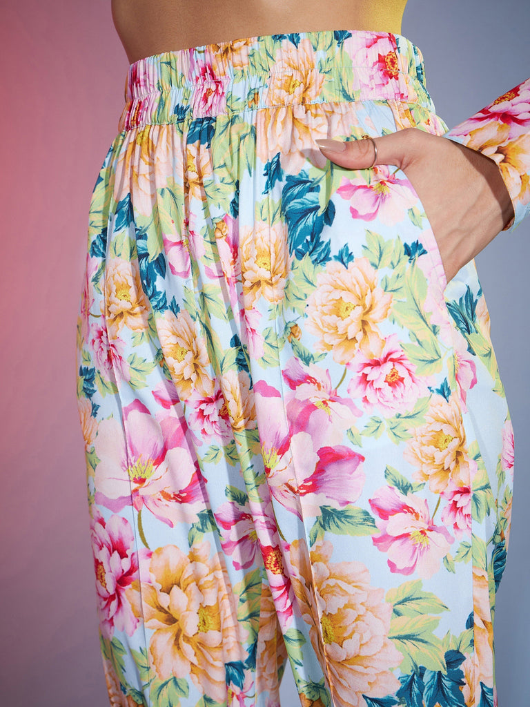Women's Turquoise Floral Oversized Shirt With Tapered Pants