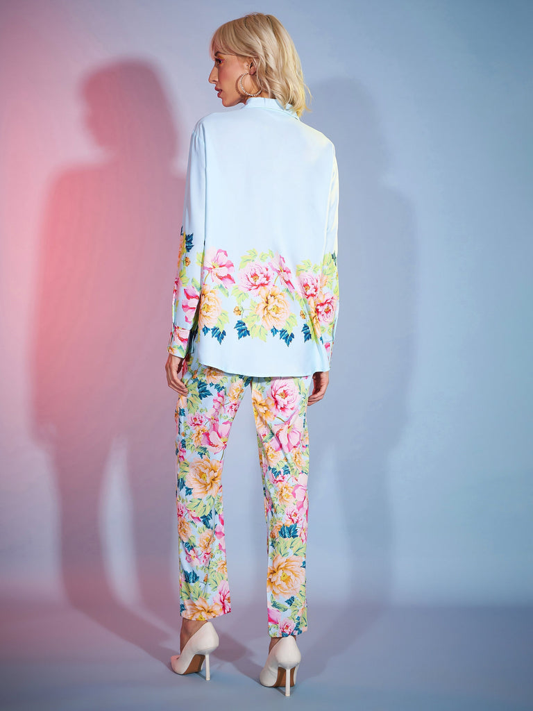 Women's Turquoise Floral Oversized Shirt With Tapered Pants