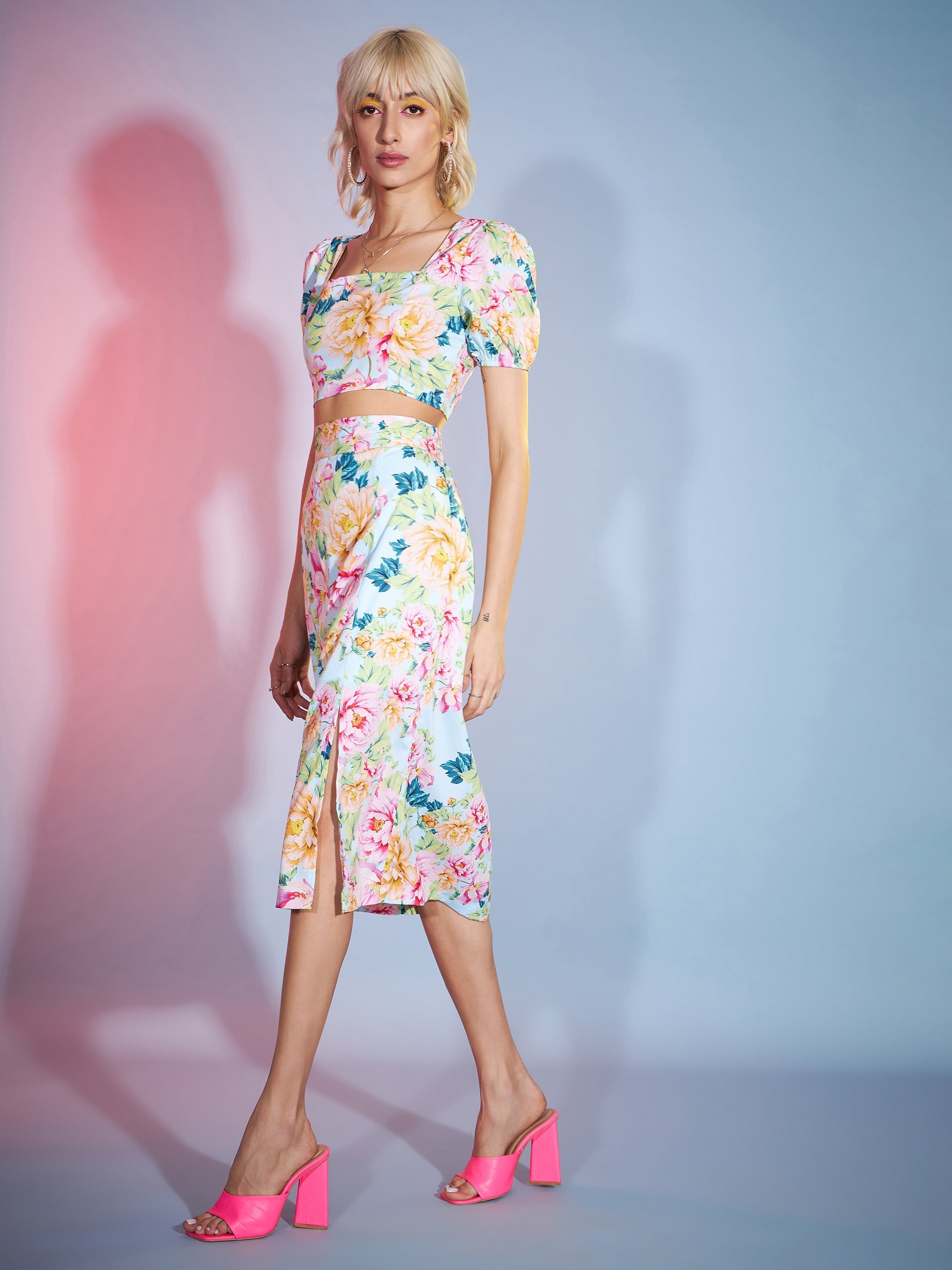Women's Turquoise Floral Wrap Crop Top With Midi Skirt - SASSAFRAS