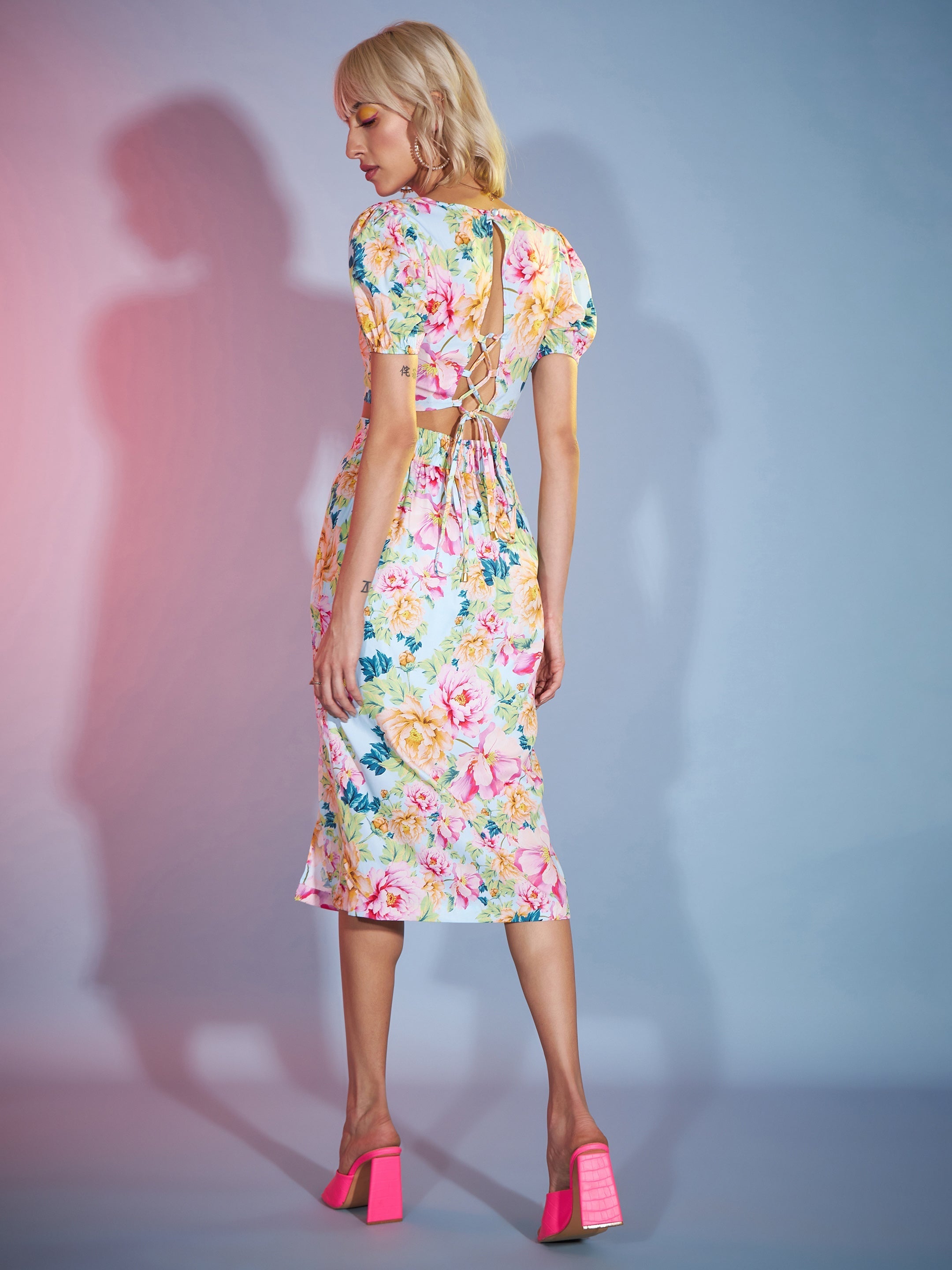 Women's Turquoise Floral Wrap Crop Top With Midi Skirt - SASSAFRAS